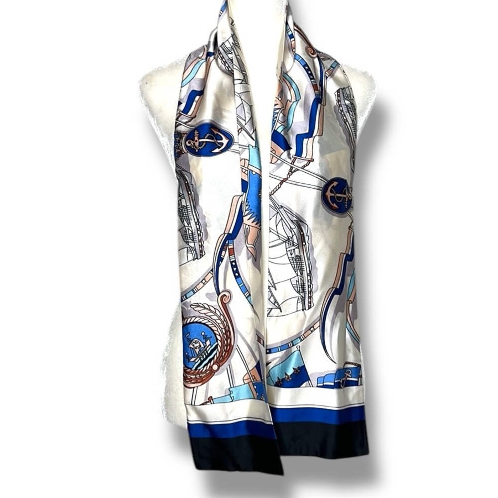 Satin Nautical Print Women’s Scarf White Blue Cruise Resort